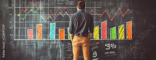 Man business goals trends analytical in Front of Chalkboard With Graphs
