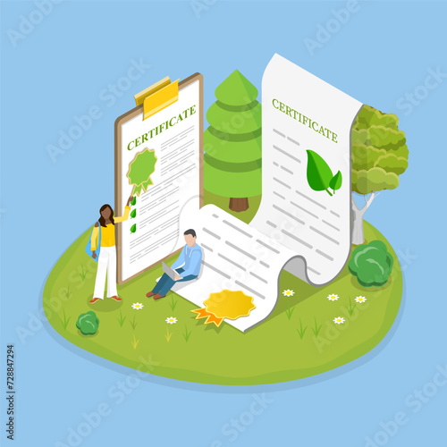 3D Isometric Flat Vector Illustration of Green Certificate, Eco License