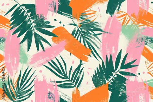 Brush ink style abstract background adorned with asymmetrical colorful packaging pattern design, highlighted by green, pink, and orange hues photo