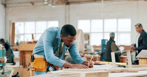 Construction, wood and measure with black man in workshop for manufacturing, planning and building. Hardware, remodeling and maintenance with carpenter in small business for timber and production photo
