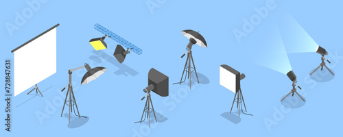 3D Isometric Flat Vector Set of Photo Studio Equipment Items, Photographer Tools