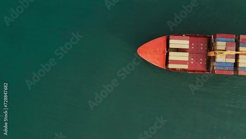 Aerial view of cargo container ship carrying containers for import and export, business logistic and transportation in open sea. Top downn drone view. Freight shipping photo