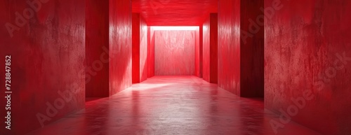 Long Hallway With Red Walls and Light at the End