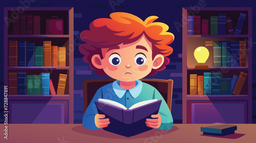 Boy Sitting at Table Reading Book