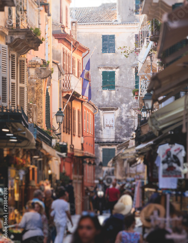 Corfu street view, Kerkyra old town beautiful cityscape, Ionian sea Islands, Greece, a summer sunny day, pedestrian streets with shops and cafes, architecture of historic center, travel to Greece