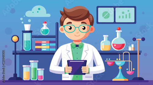 Cheerful Scientist in Laboratory With Digital Tablet and Chemicals