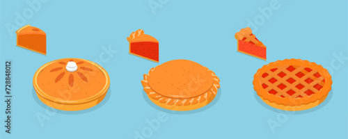 3D Isometric Flat Vector Set of Diffeent Pies and Slices, American Homemade Traditional Desserts