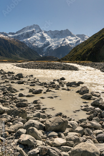 The Tasman river flowing quickly through Tasman valley in Aoraki Mt Cook national park under the snow covered southern alps