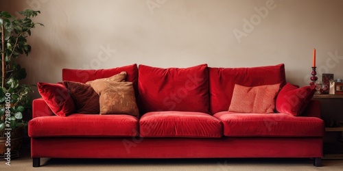 Photo of cushions on red couch in cozy living room