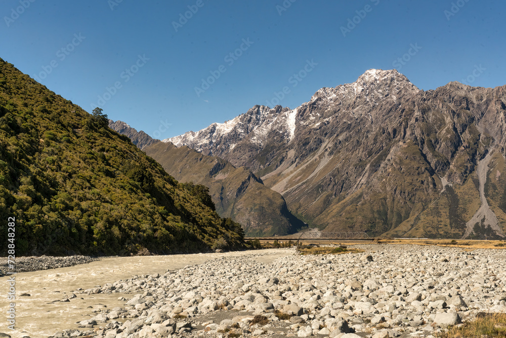 The Tasman river flowing quickly through Tasman valley in Aoraki Mt Cook national park under the snow covered southern alps