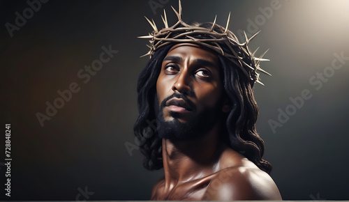 Portrait of black Jesus Christ with crown of thorns on his, head in the darkness in front of the crucifix in the background, a heavenly ray.