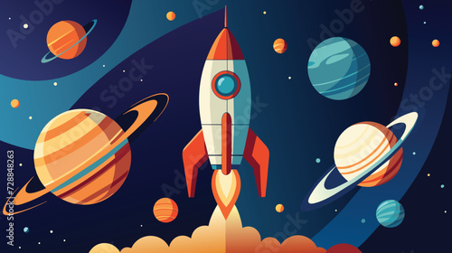 A Space Scene With Rocket and Planets
