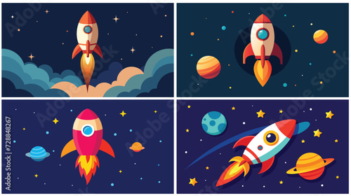 Colorful Rockets Exploring Various Planetary Systems in Space