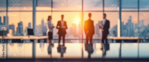 Group of business people silhouette communicate in office center on blurred background. Meeting of partners in rented premises