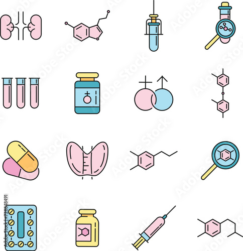 Hormones icons set. Outline set of hormones vector icons thin line color flat on white