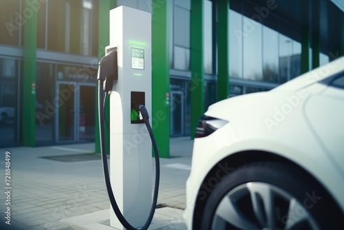 Power supply connected to electric vehicle charge, concept green energy