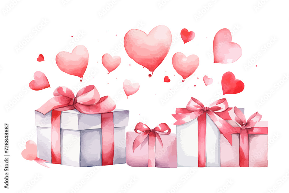 Happy Valentines day. Watercolor banner with red heart and present box. Vector illustration design.