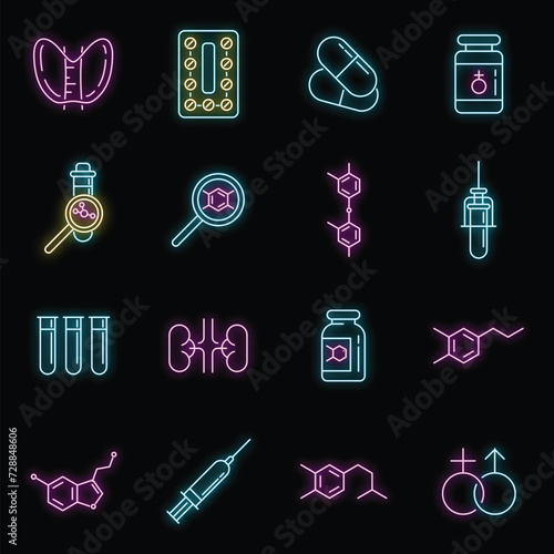 Hormones icons set. Outline set of hormones vector icons neon color on black
