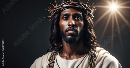 Portrait of black Jesus Christ with crown of thorns on his, head in the darkness in front of the crucifix in the background, a heavenly ray.