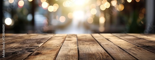 Wooden Table Top With Blurred Lights