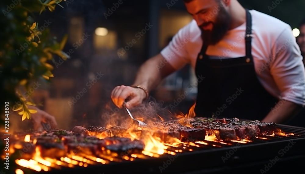 Fototapeta premium A man cooks a meat steak on charcoal grill. Barbecue party. Steaks cooking over flaming grill