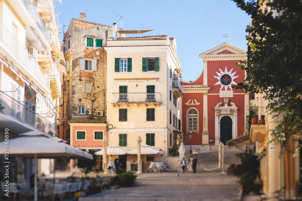 Corfu street view, Kerkyra old town beautiful cityscape, Ionian sea Islands, Greece, a summer sunny day, pedestrian streets with shops and cafes, architecture of historic center, travel to Greece