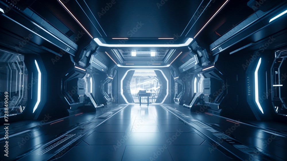 Obraz premium Sleek Futuristic Space Station Corridor Design created with Generative AI technology