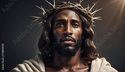 Portrait of black Jesus Christ with crown of thorns on his, head in the darkness in front of the crucifix in the background, a heavenly ray.