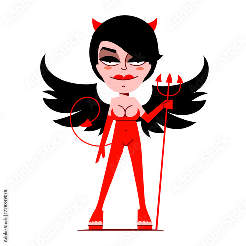 Sexy vintage pinup she devil girl temptress in erotic red latex outfit with pitchfork and demon wings vector