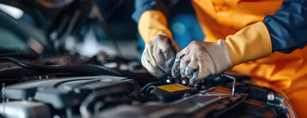Mechanic Working on Car Engine in Garage car service Mechanic Working on Car Engine in Garage car service