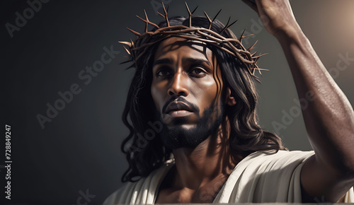 Portrait of black Jesus Christ with crown of thorns on his  head in the darkness in front of the crucifix in the background  a heavenly ray.