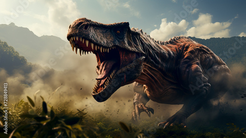 Tyrannosaurus Rex Roaring at Dawn created with Generative AI technology photo