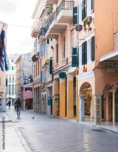 Corfu street view, Kerkyra old town beautiful cityscape, Ionian sea Islands, Greece, a summer sunny day, pedestrian streets with shops and cafes, architecture of historic center, travel to Greece