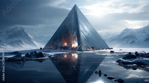 Futuristic Pyramid Structure Amidst Snowy Mountainscape created with Generative AI technology