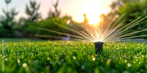 Automatic lawn sprinkler watering green grass photo