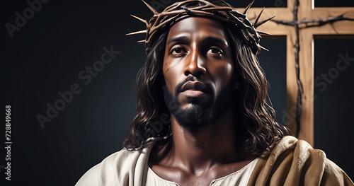 Portrait of black Jesus Christ with crown of thorns on his, head in the darkness in front of the crucifix in the background, a heavenly ray.