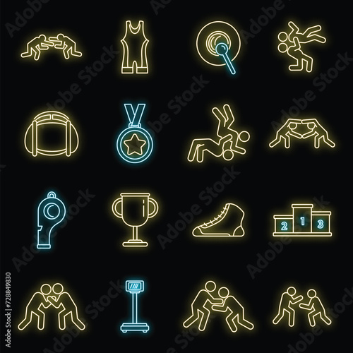 Sport greco-roman wrestling icons set. Outline set of sport greco-roman wrestling vector icons neon color on black
