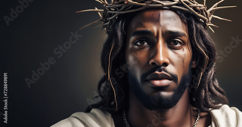 Portrait of black Jesus Christ with crown of thorns on his  head in the darkness in front of the crucifix in the background  a heavenly ray.