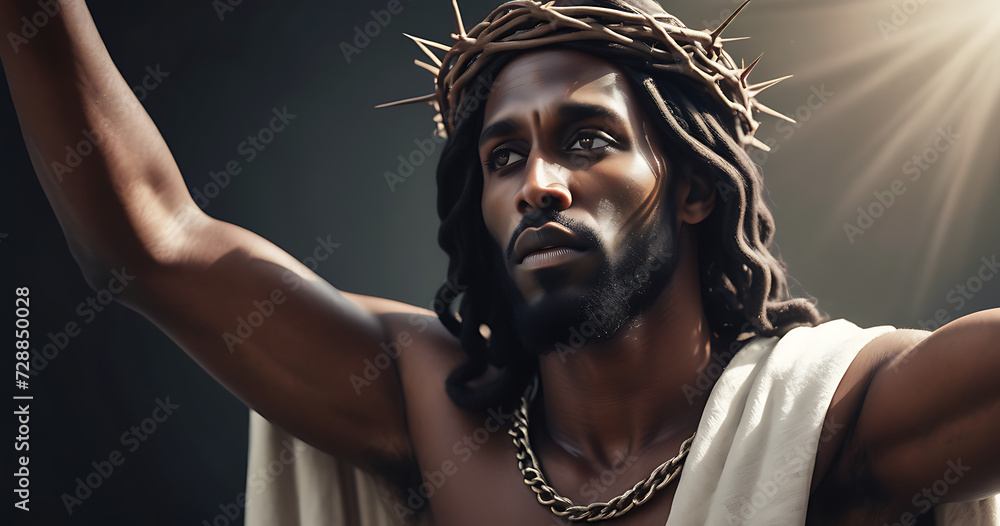 Portrait of black Jesus Christ with crown of thorns on his, head in the darkness in front of the crucifix in the background, a heavenly ray. - obrazy, fototapety, plakaty 