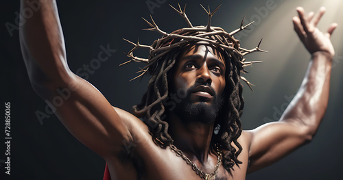 Portrait of black Jesus Christ with crown of thorns on his, head in the darkness in front of the crucifix in the background, a heavenly ray.