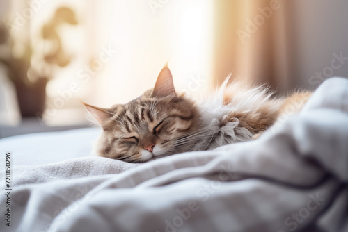Cat is sleeping on soft duvet. Comfortable sleep in modern bedroom. Fluffy pet has a nap on couch. Tranquil scene with domestic animal. 