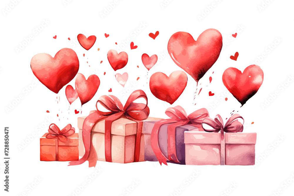 Happy Valentines day. Watercolor banner with red heart and present box. Vector illustration design.