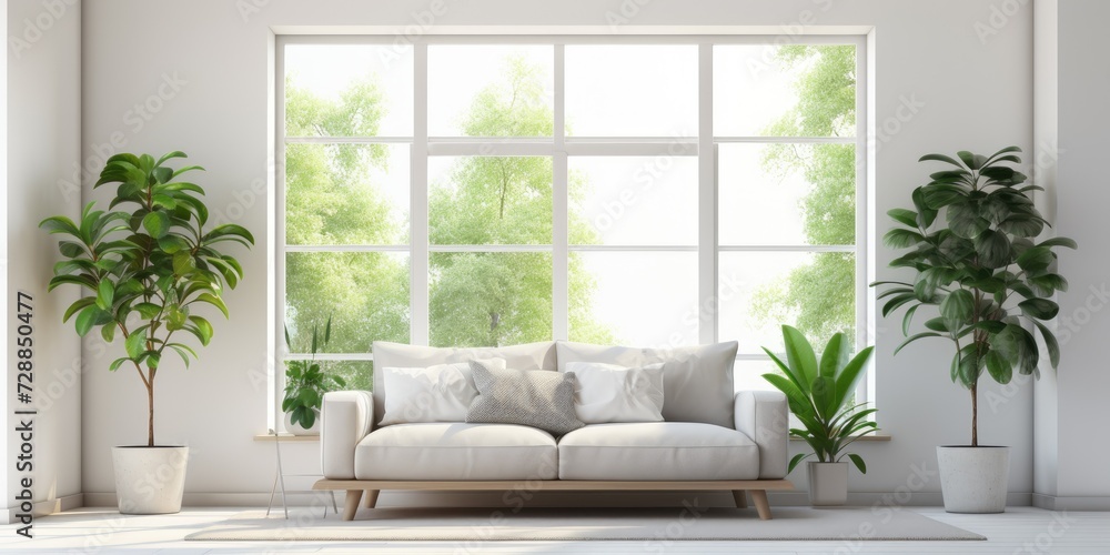 Modern apartment with contemporary bay window, white walls, and fresh houseplants in the living room. - obrazy, fototapety, plakaty 