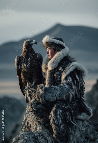 Mongolian man and his eagle, eagle hunting contest in northern Mongolia.