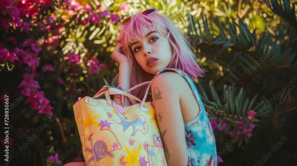 A woman with pink hair holding a bag A woman with pink hair holding a bag