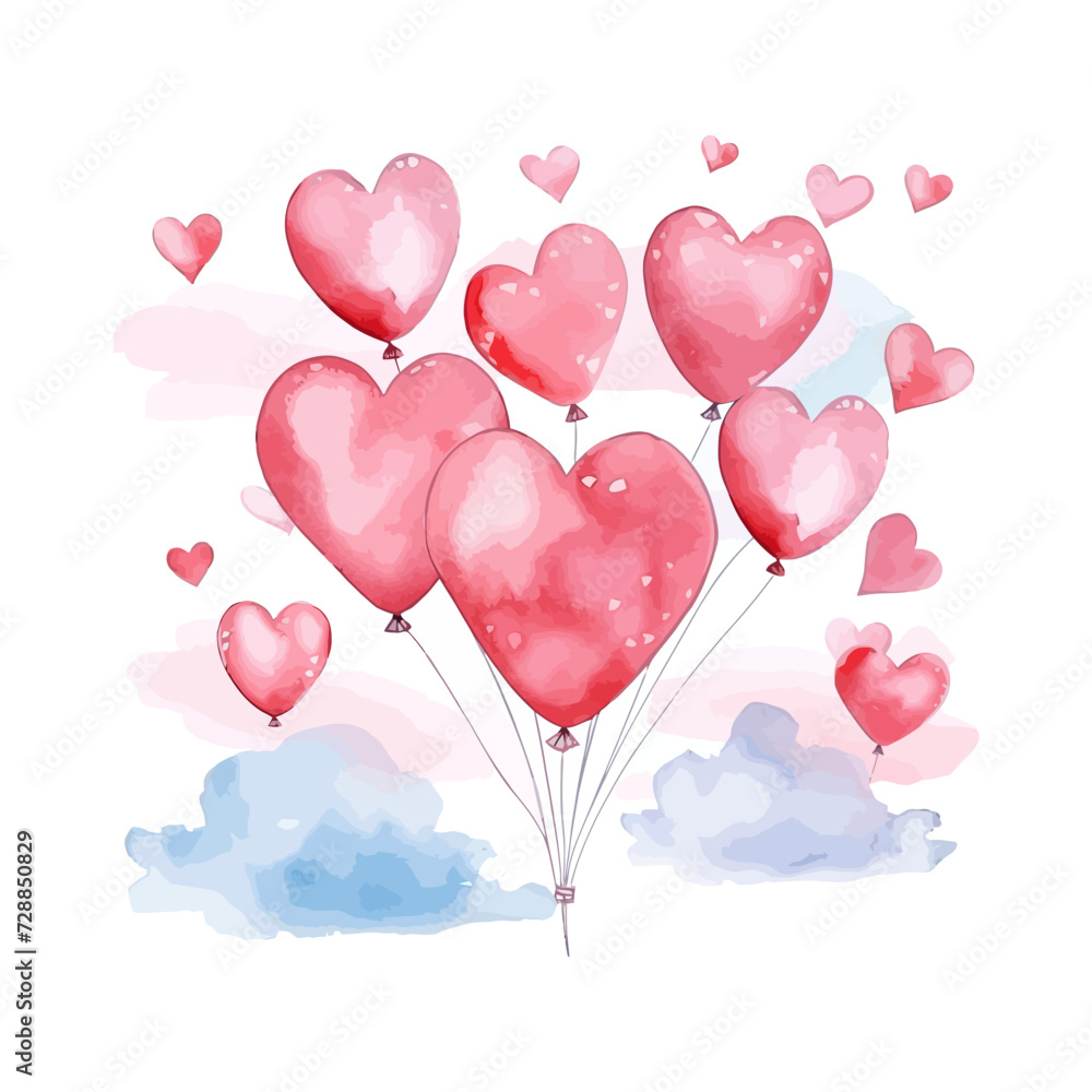 Happy Valentines day. Watercolor banner with red heart balloons. Vector illustration design.