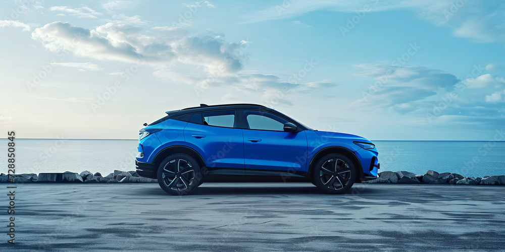 Blue compact SUV car with sport and modern design - obrazy, fototapety, plakaty 
