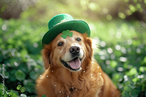 Dog golden retriever dressed up for St. Patrick's Day, wearing a green hat