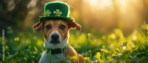Dog dressed up for St. Patrick's Day, wearing a green hat © David