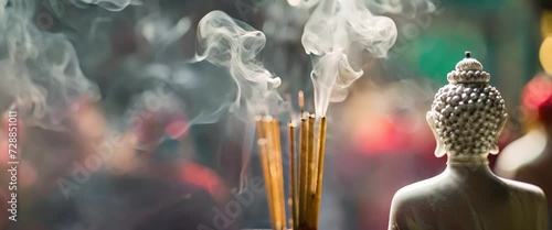 Smoke from incense sticks curls in the air before a Buddha statue, signifying spirituality and meditation in a temple